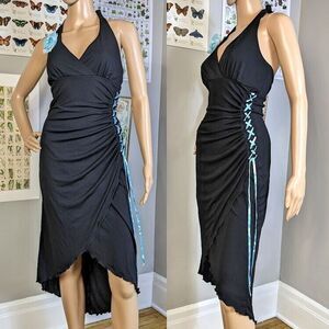 Vintage 90s y2k La Belle Midi Dress Corset Lacing Halter Whimsigoth Fairy Size M